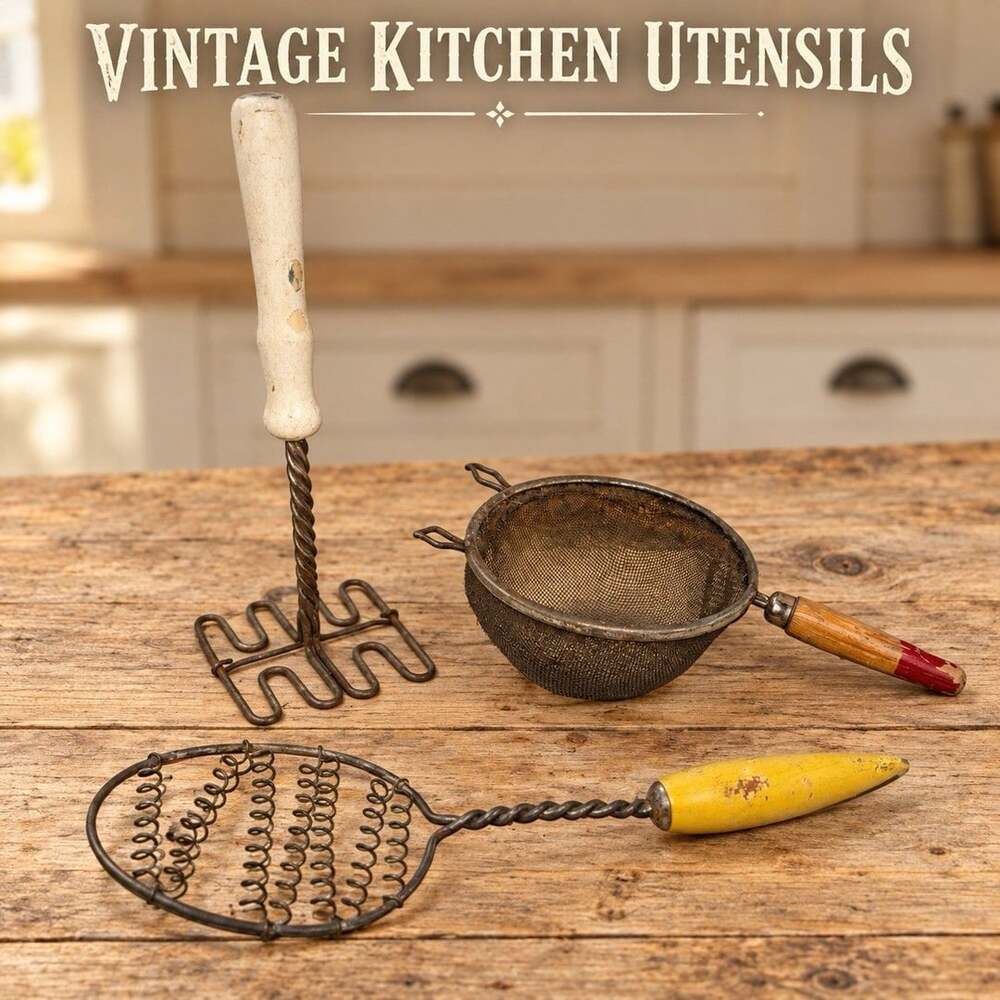 Vintage Kitchen Utensil Lot Wire Potato Mashers Strainer Wood Handles Primitive